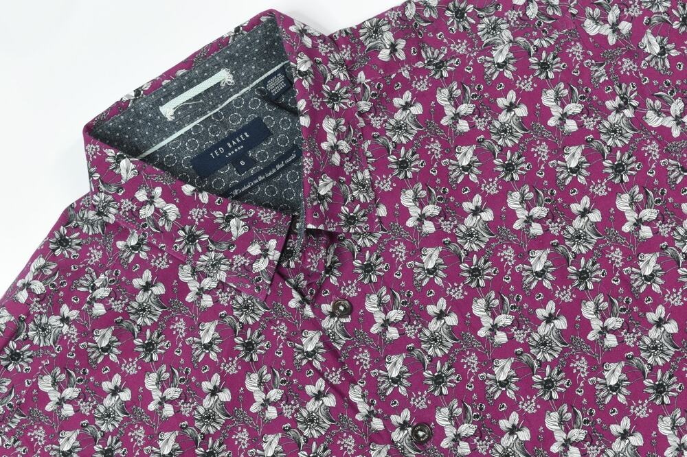 Ted Baker Shirt Mens 6 Magenta Floral Botanical Print Short Sleeve Button Up